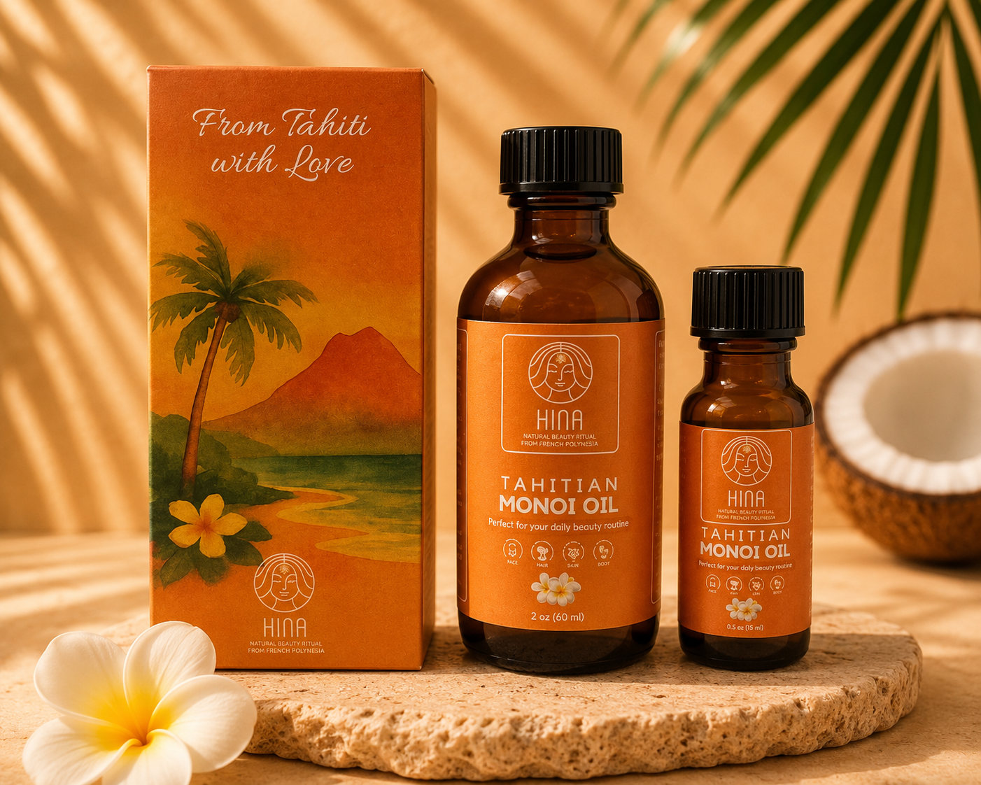 Hina - Travel Glow Set - Tahitian Monoï Oil & Plumeria Hair Clip