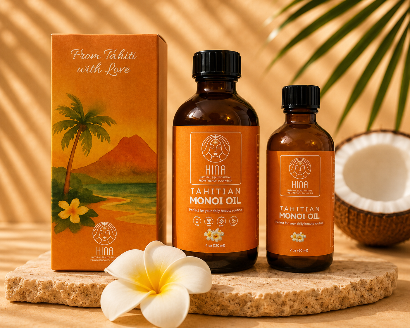 HINA Essential Glow Set – Tahitian Monoï Oil & Plumeria Hair Clip