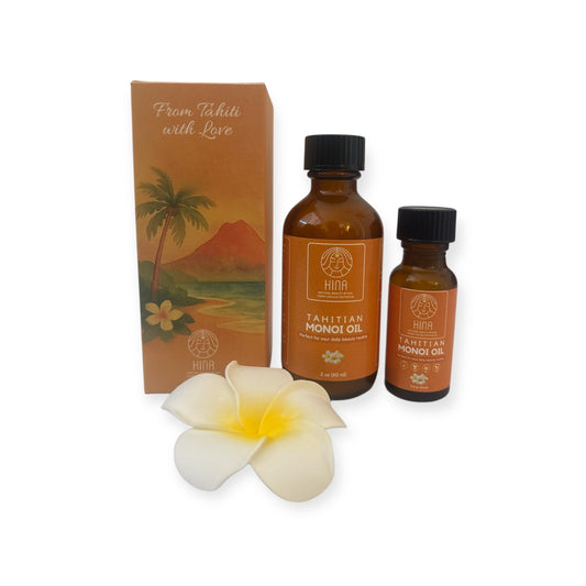 Hina - Travel Glow Set - Tahitian Monoï Oil & Plumeria Hair Clip